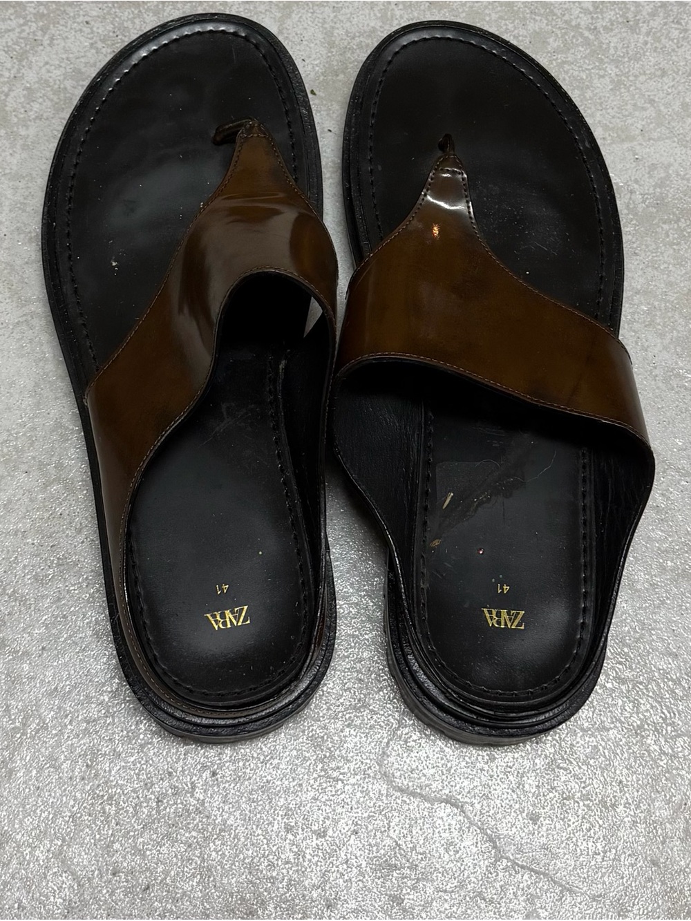 Zara Black Sole Brown Leather Toe-Post Sandals